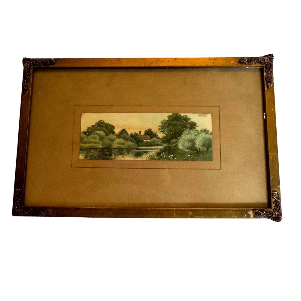 Antique Gilt Brass Corner Picture Frame with Vintage Pastoral Landscape Print